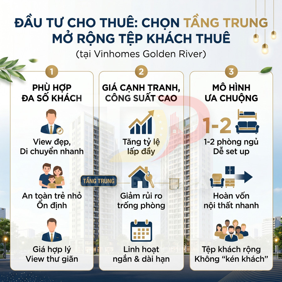 Infographic lợi ích đầu tư cho thuê căn hộ tầng trung tại Vinhomes Golden River, giá cạnh tranh, công suất cao