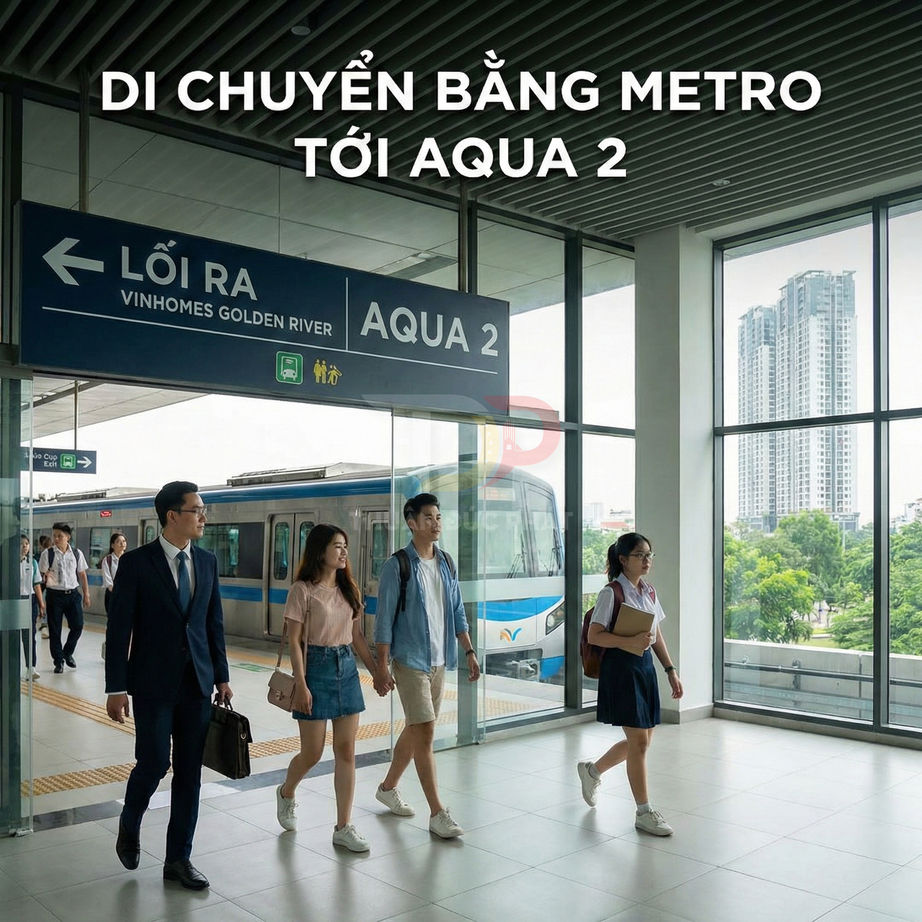 Hành khách đi bộ trong nhà ga metro Aqua 2 Vinhomes Golden River với tàu điện màu xanh dừng tại sân ga