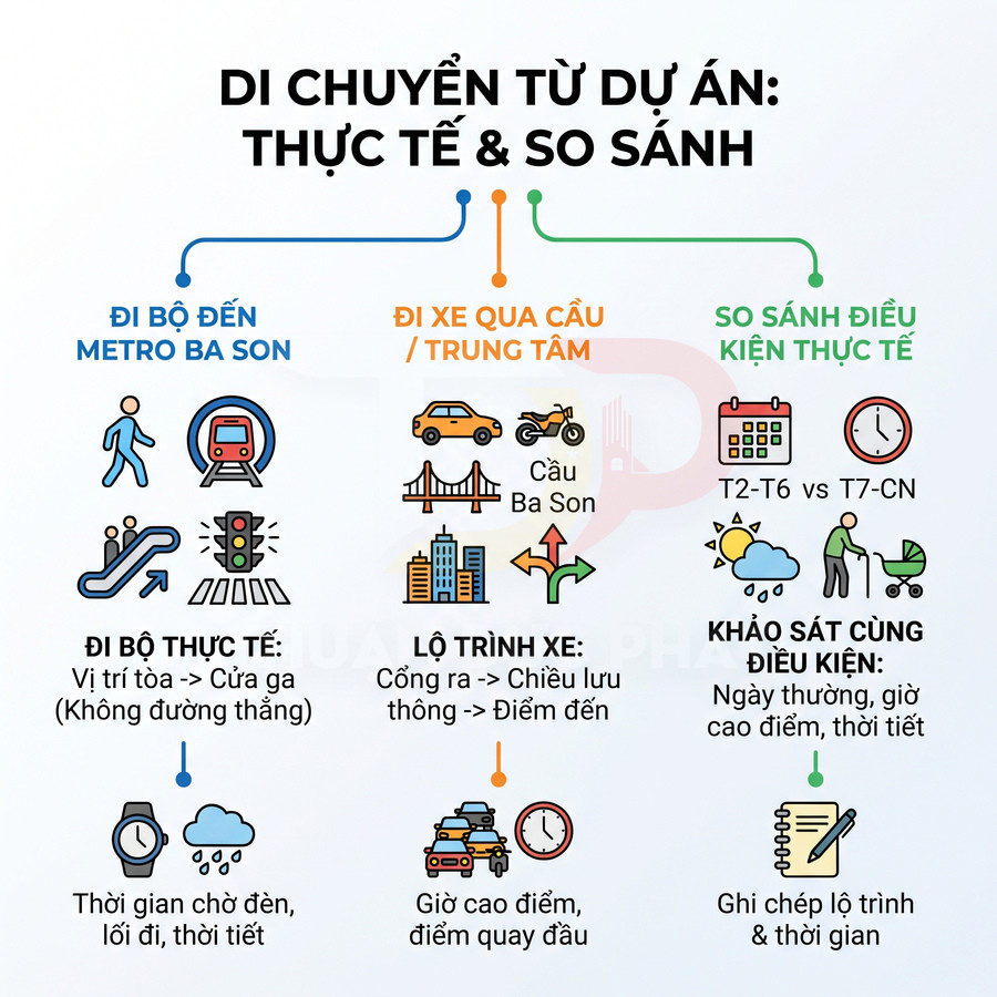 So sánh thực tế lộ trình đi bộ đến ga metro Ba Son và đi xe qua cầu vào trung tâm TP HCM