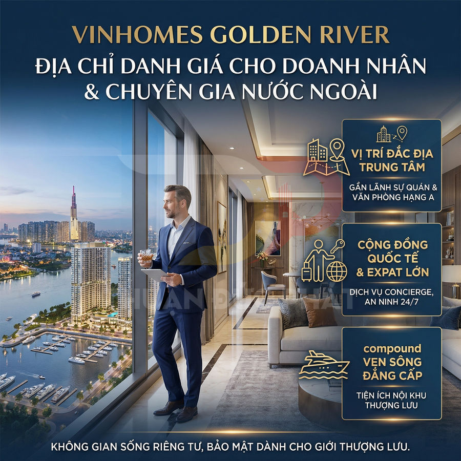 Căn hộ cao cấp Vinhomes Golden River view sông Sài Gòn, doanh nhân nước ngoài đứng ngắm cảnh sang trọng