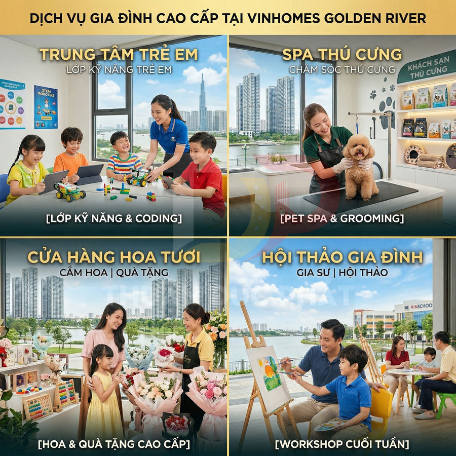 Dịch vụ gia đình cao cấp tại Vinhomes Golden River với lớp kỹ năng trẻ em, spa thú cưng, cửa hàng hoa và workshop gia đình