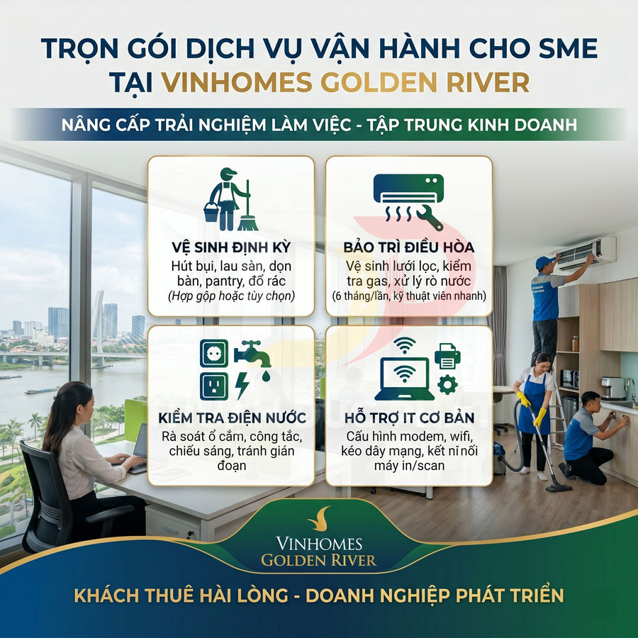 Gói dịch vụ vận hành văn phòng cho SME tại Vinhomes Golden River với vệ sinh, bảo trì và hỗ trợ kỹ thuật