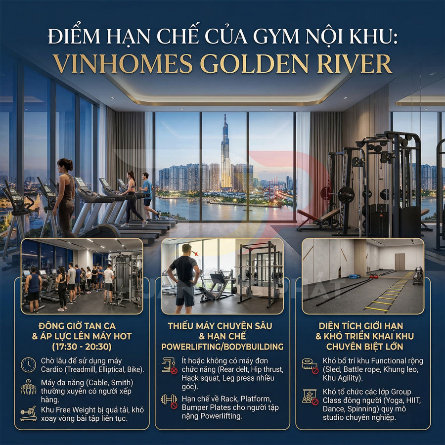 Phòng gym nội khu Vinhomes Golden River với máy chạy bộ, máy tập tạ hiện đại và view sông Sài Gòn