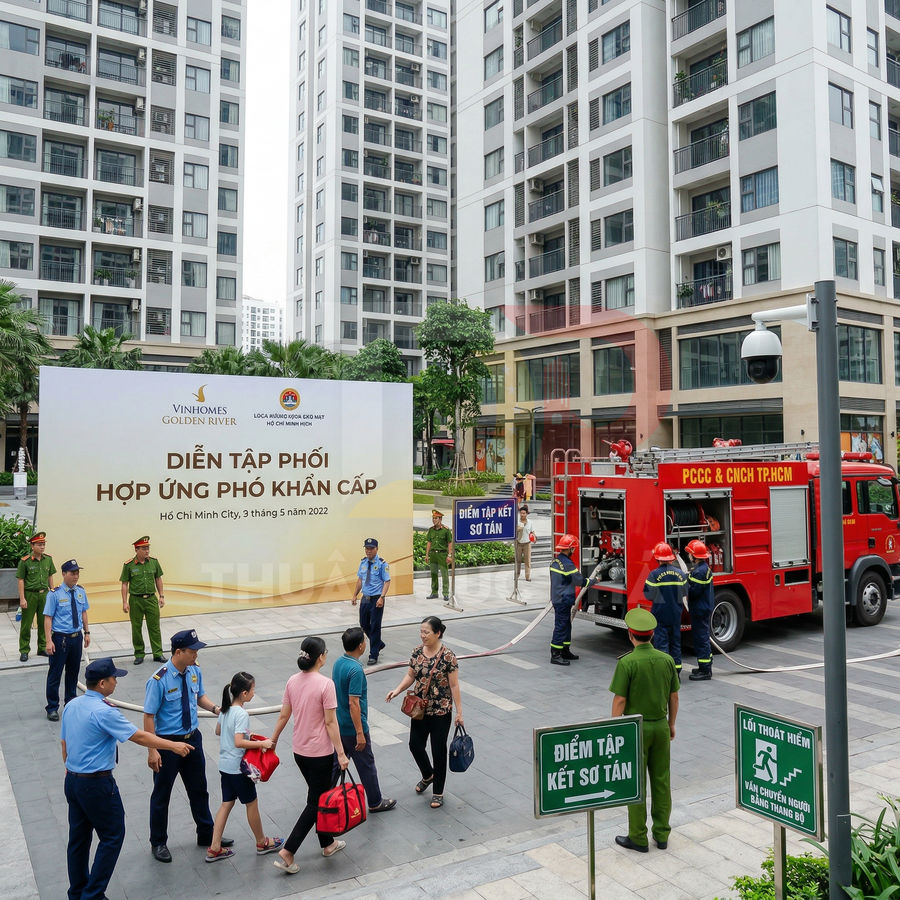 Diễn tập phòng cháy chữa cháy tại khu căn hộ Vinhomes Golden River với xe cứu hỏa và lực lượng cứu hộ