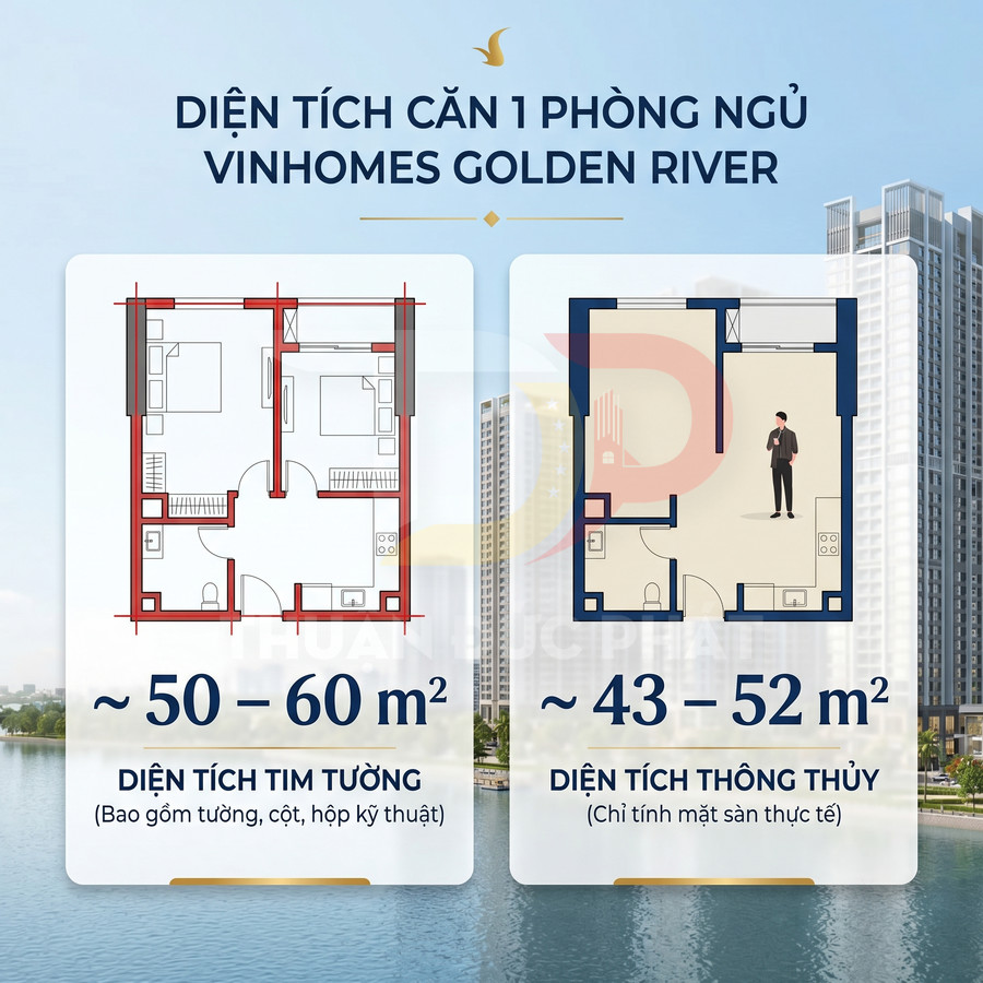 Mặt bằng căn hộ 1 phòng ngủ Vinhomes Golden River với diện tích tim tường và diện tích thông thủy