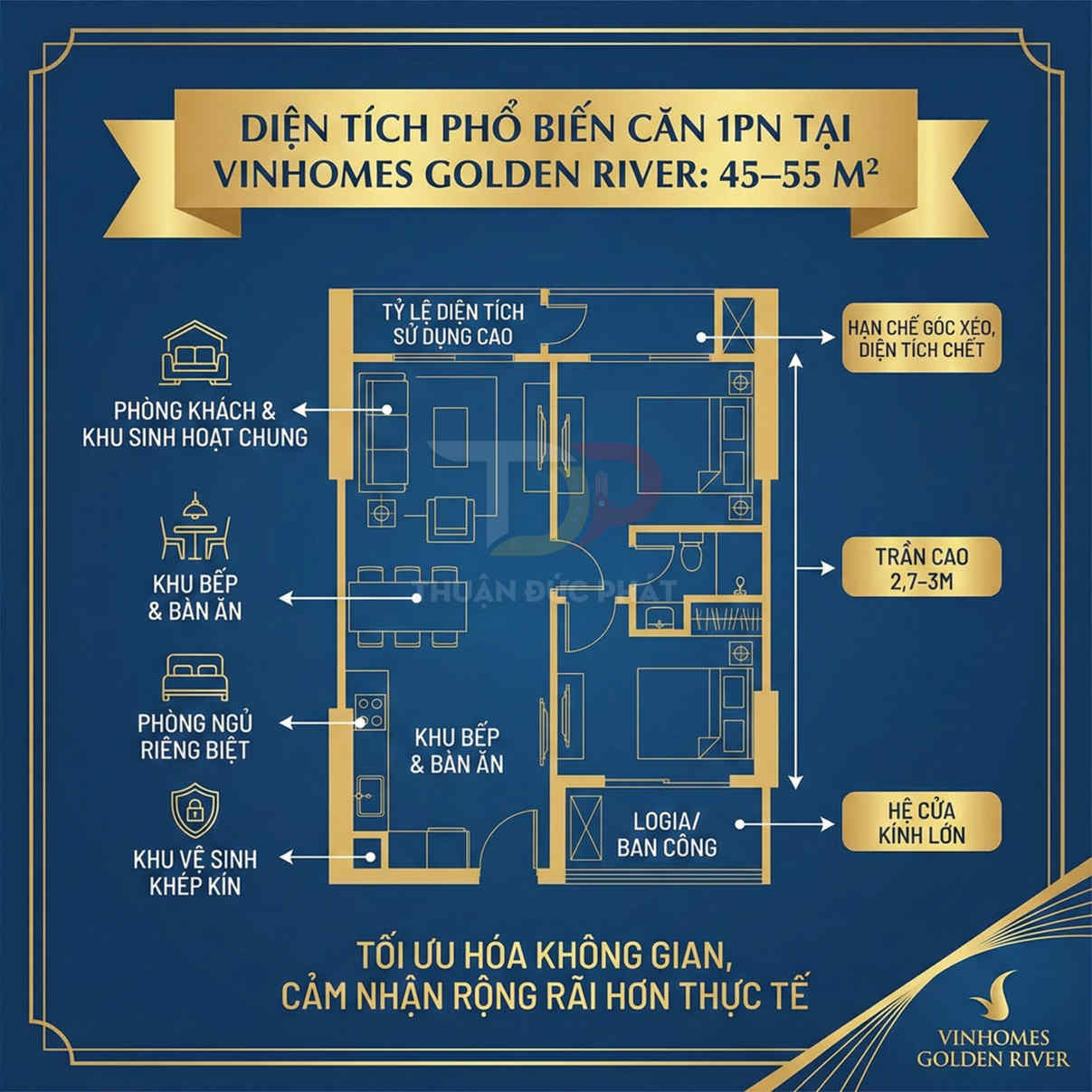 Mặt bằng căn hộ 1 phòng ngủ 45–55m2 Vinhomes Golden River với phòng khách, bếp, logia và khu vệ sinh khép kín