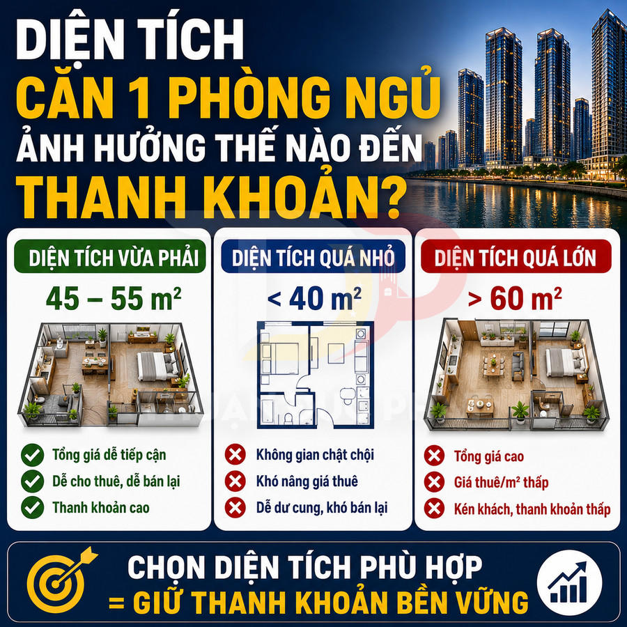 So sánh diện tích căn hộ 1 phòng ngủ và ảnh hưởng đến thanh khoản khi đầu tư bất động sản