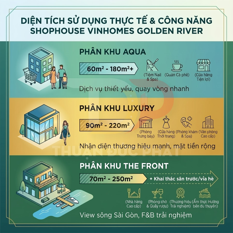 Infographic diện tích và công năng các phân khu shophouse Vinhomes Golden River Aqua Luxury The Front