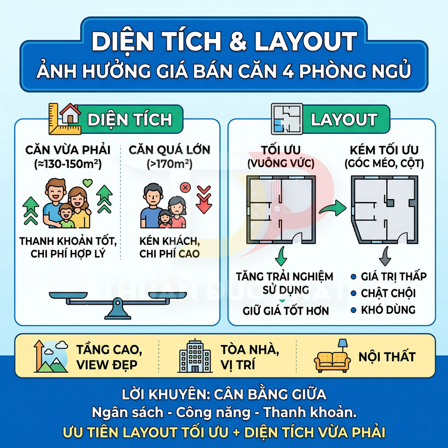 Infographic diện tích và layout ảnh hưởng giá bán căn hộ 4 phòng ngủ, so sánh diện tích vừa phải và quá lớn, layout tối ưu và kém tối ưu