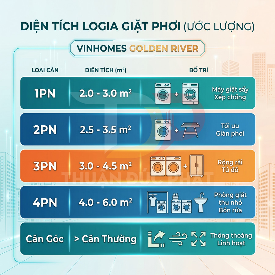 Bảng diện tích logia giặt phơi Vinhomes Golden River cho căn 1PN đến 4PN và gợi ý bố trí máy giặt, máy sấy