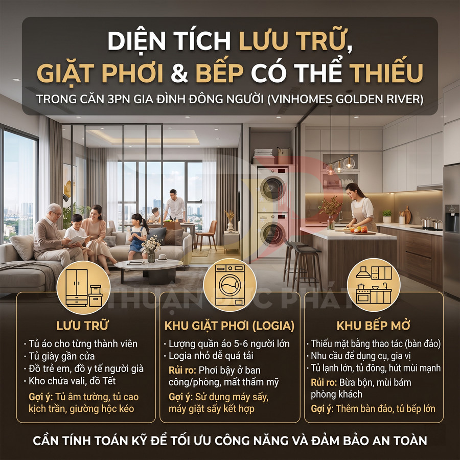 Căn hộ Vinhomes Golden River với khu bếp mở, máy giặt sấy đặt trong logia và không gian lưu trữ cho gia đình đông người