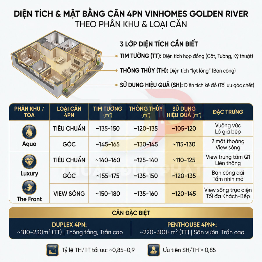 Bảng diện tích và mặt bằng căn hộ 4 phòng ngủ Vinhomes Golden River theo phân khu và loại căn