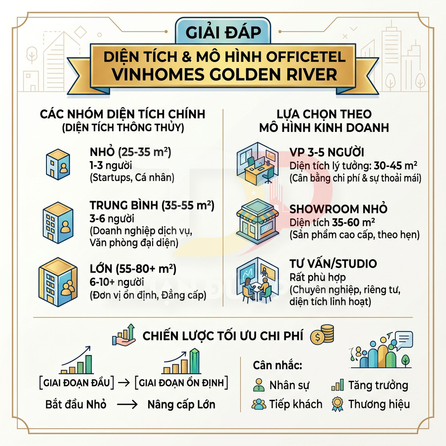 Infographic diện tích và mô hình officetel Vinhomes Golden River, gợi ý nhóm diện tích và chiến lược tối ưu chi phí