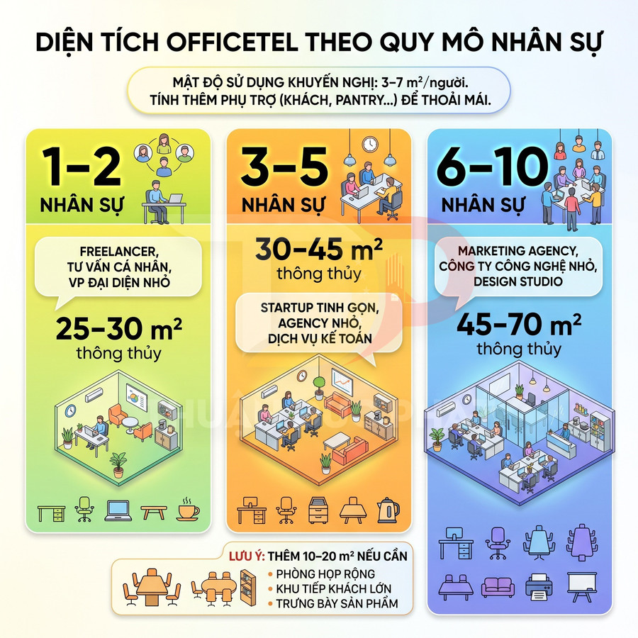 Infographic diện tích officetel theo số nhân sự, gợi ý m2 cho 1–2, 3–5 và 6–10 người cùng tiện ích văn phòng