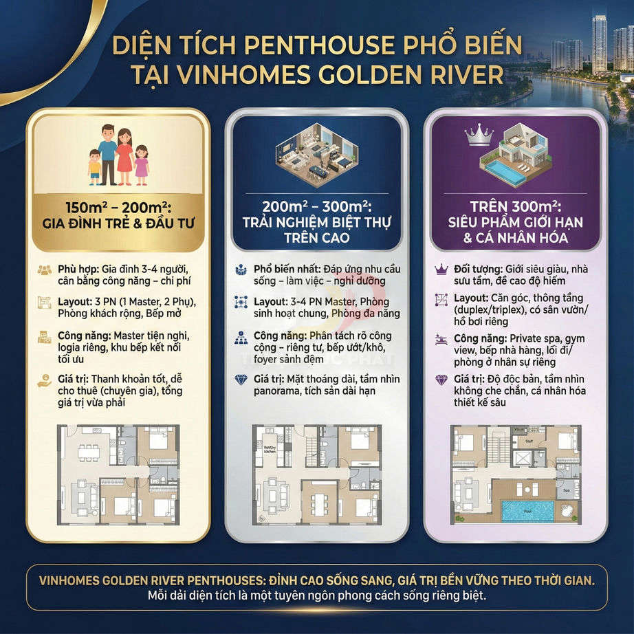 Infographic giới thiệu các loại diện tích penthouse cao cấp tại Vinhomes Golden River và mặt bằng căn hộ mẫu