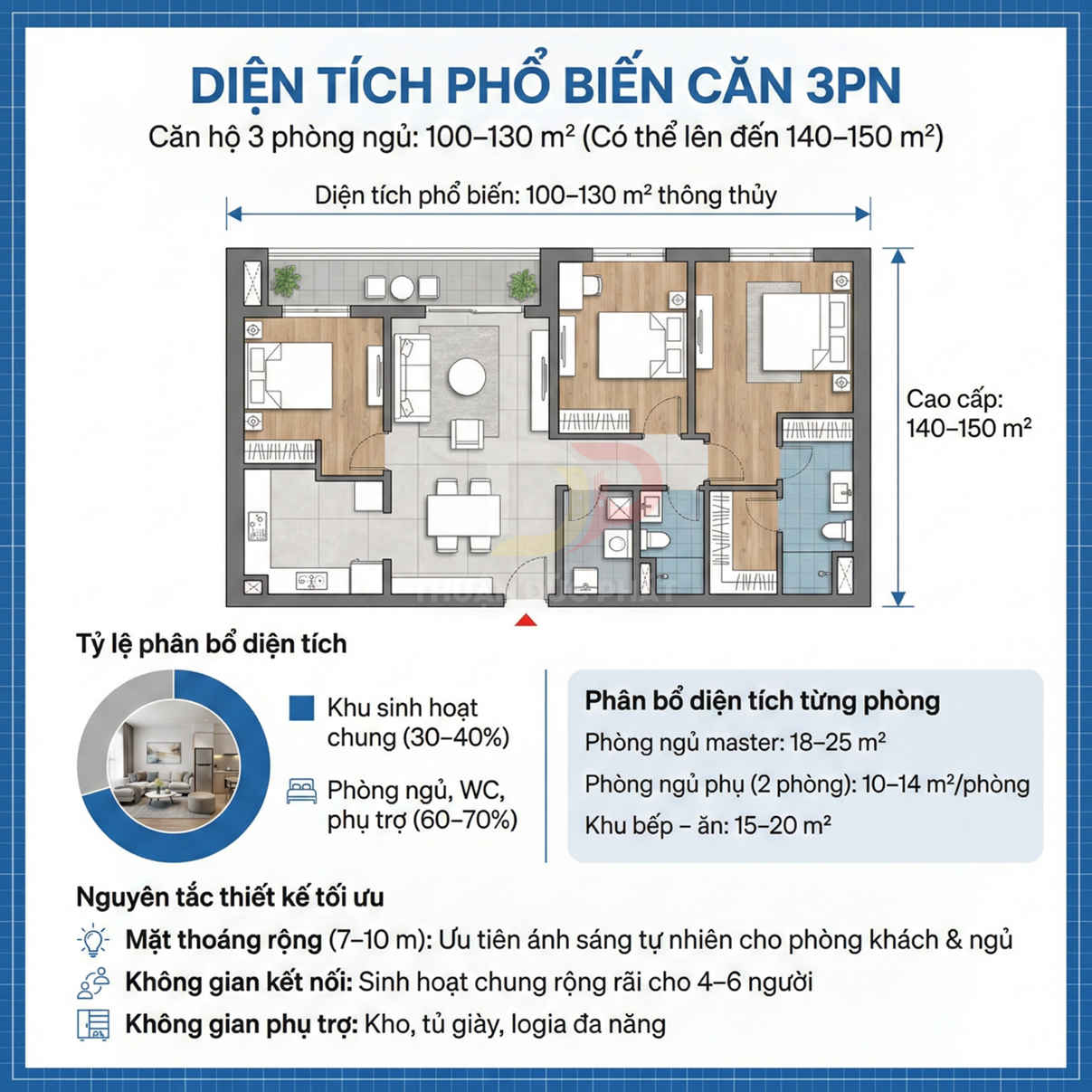 Mặt bằng căn hộ 3 phòng ngủ diện tích 100–130m2 với phòng khách, bếp, logia và các phòng ngủ bố trí tối ưu
