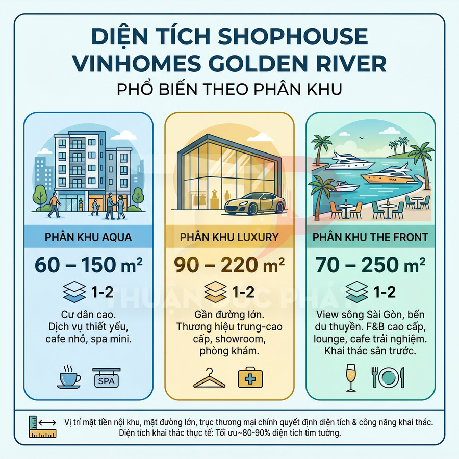 Infographic diện tích shophouse Vinhomes Golden River các phân khu Aqua, Luxury, The Front và công năng khai thác