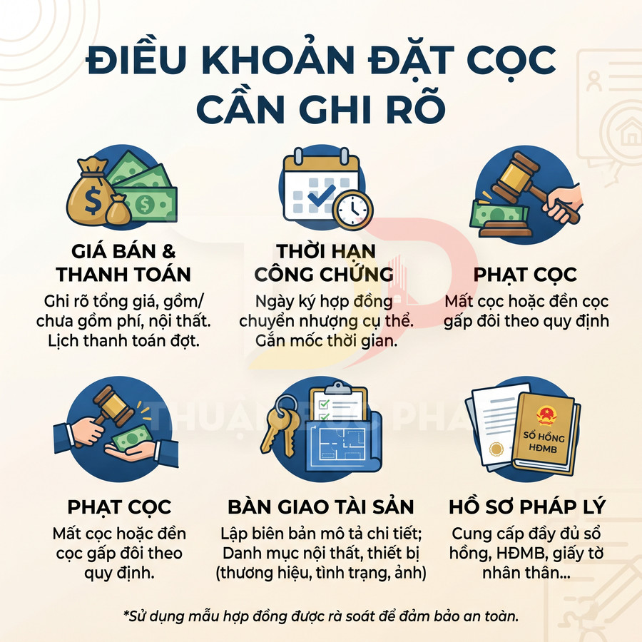 Infographic các điều khoản đặt cọc bất động sản cần ghi rõ về giá bán, thời hạn công chứng, phạt cọc, bàn giao tài sản, hồ sơ pháp lý