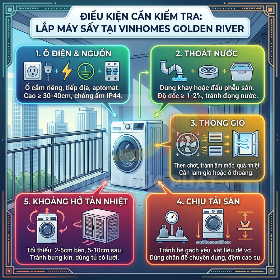 Máy sấy quần áo đặt trên ban công chung cư với hướng dẫn lắp đặt và điều kiện an toàn chi tiết
