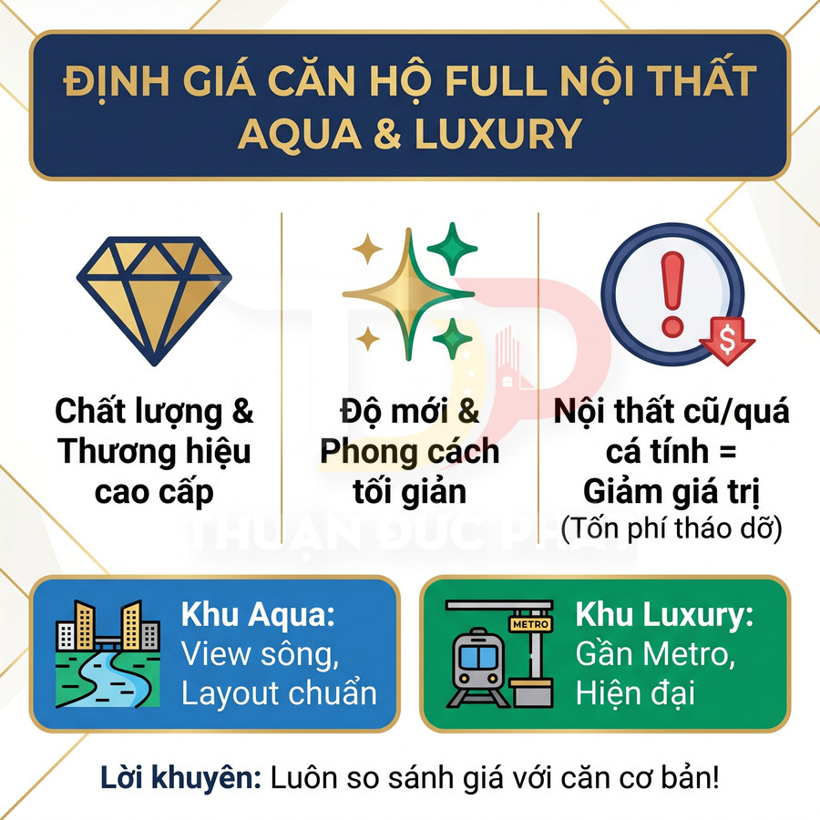 Infographic định giá căn hộ full nội thất Aqua và Luxury, nêu tiêu chí chất lượng, độ mới, vị trí và lời khuyên so sánh giá