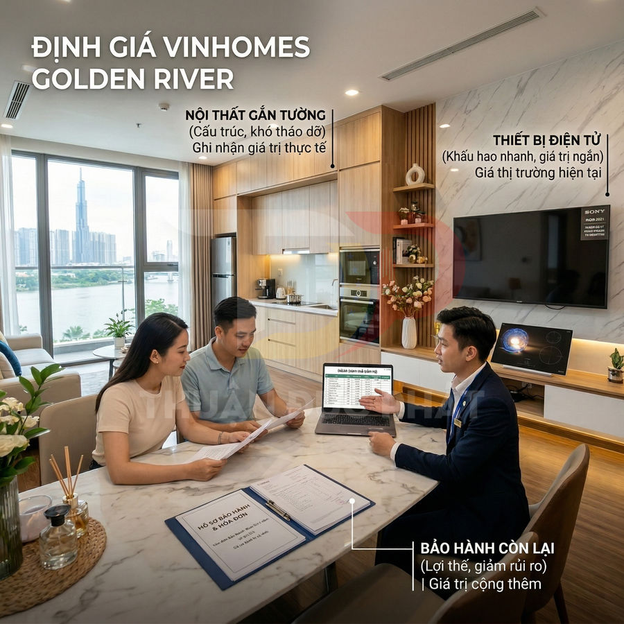 Tư vấn định giá căn hộ Vinhomes Golden River, nhân viên môi giới trao đổi hợp đồng với cặp vợ chồng trong phòng khách hiện đại