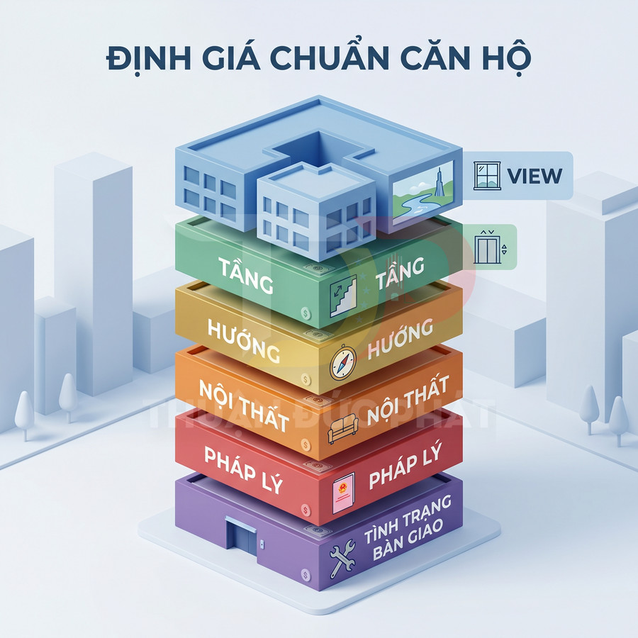 Mô hình 3D các yếu tố định giá chuẩn căn hộ như tầng, hướng, nội thất, pháp lý và tình trạng bàn giao