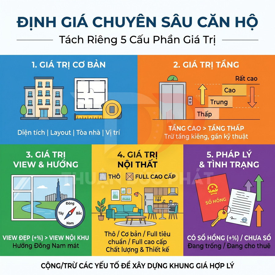 Infographic các yếu tố định giá chuyên sâu căn hộ gồm giá trị cơ bản, tầng, view, nội thất, pháp lý
