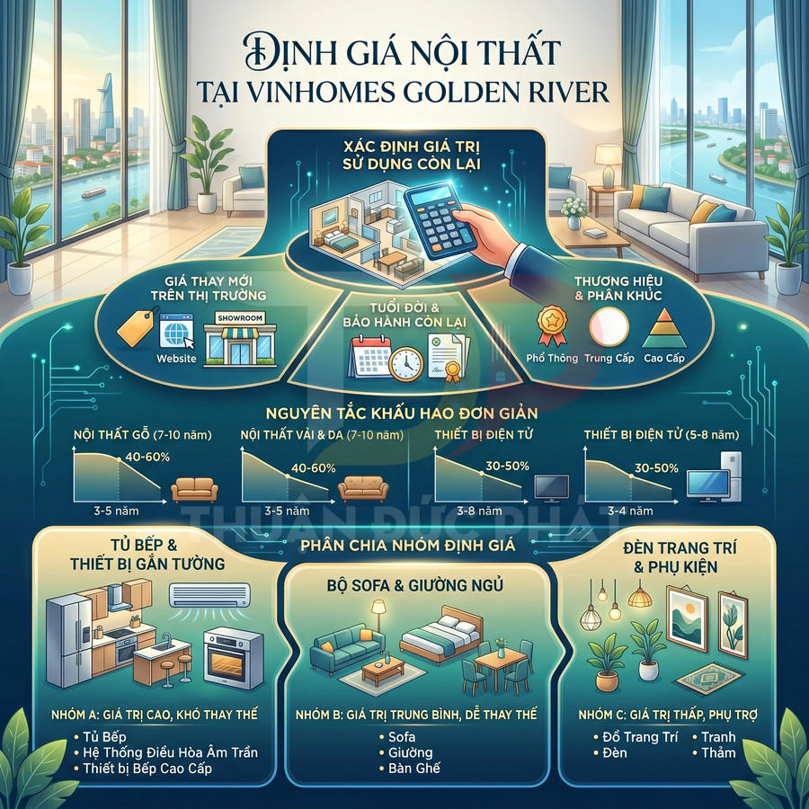 Infographic định giá nội thất căn hộ Vinhomes Golden River với sofa, bếp, giường, đèn trang trí và thiết bị điện tử