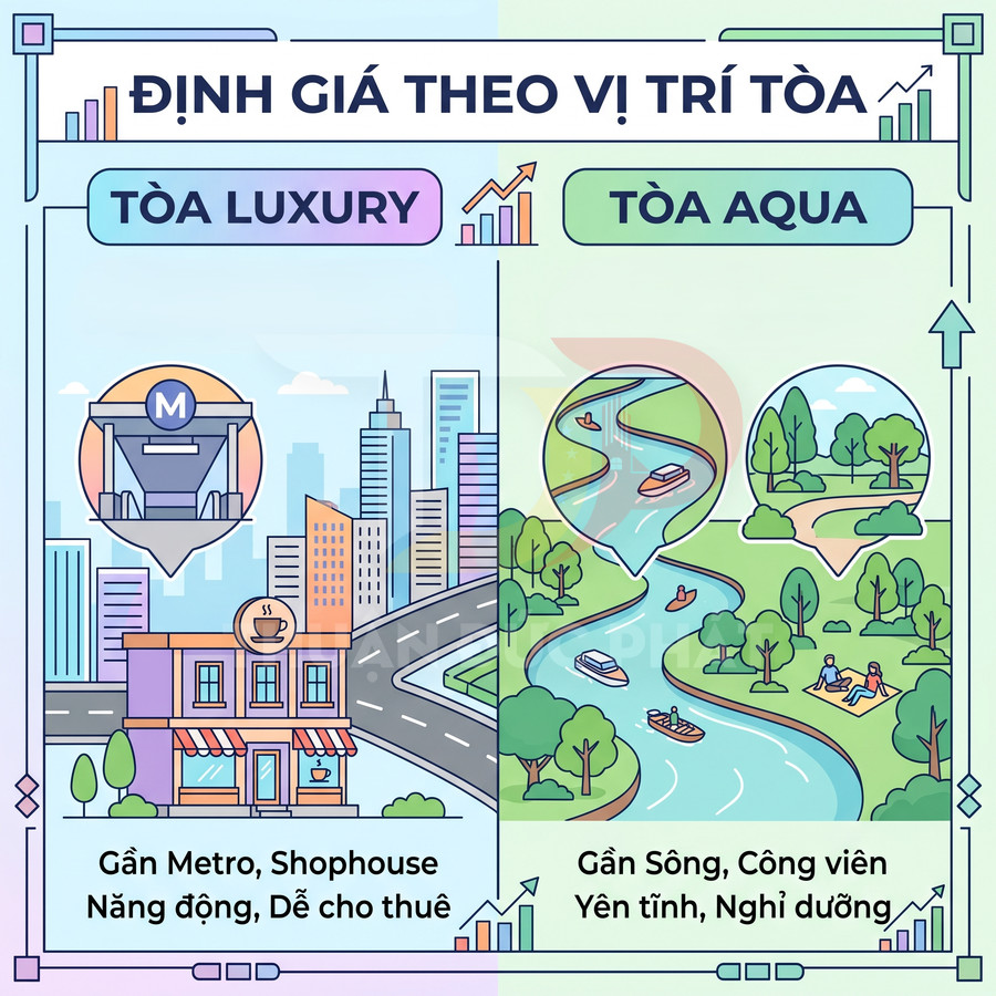 So sánh định giá tòa Luxury gần metro shophouse với tòa Aqua gần sông công viên yên tĩnh nghỉ dưỡng