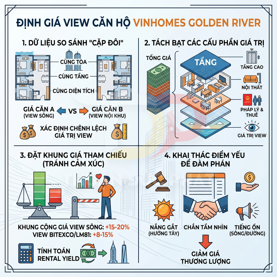 Infographic hướng dẫn định giá view căn hộ Vinhomes Golden River với các bước so sánh, tách giá trị và đàm phán