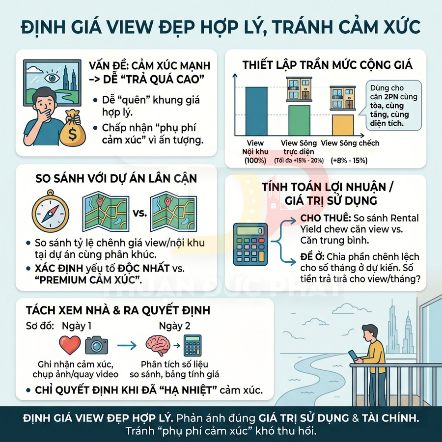 Infographic hướng dẫn định giá view căn hộ hợp lý, so sánh giá trị view đẹp với lợi nhuận và tránh quyết định theo cảm xúc