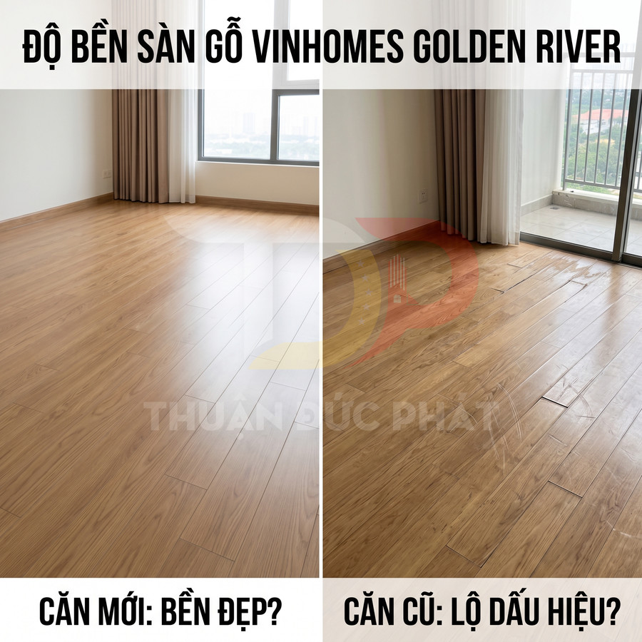 So sánh sàn gỗ Vinhomes Golden River mới và cũ, thể hiện độ bền và dấu hiệu xuống cấp