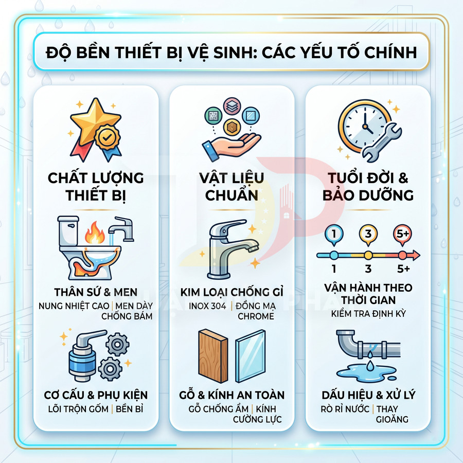 Infographic các yếu tố ảnh hưởng độ bền thiết bị vệ sinh như bồn cầu, vòi nước, phụ kiện và bảo dưỡng