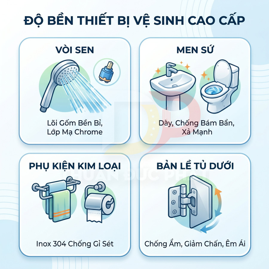 Thiết bị vệ sinh cao cấp gồm vòi sen, chậu rửa, bồn cầu, phụ kiện inox 304 và bản lề tủ chống ẩm
