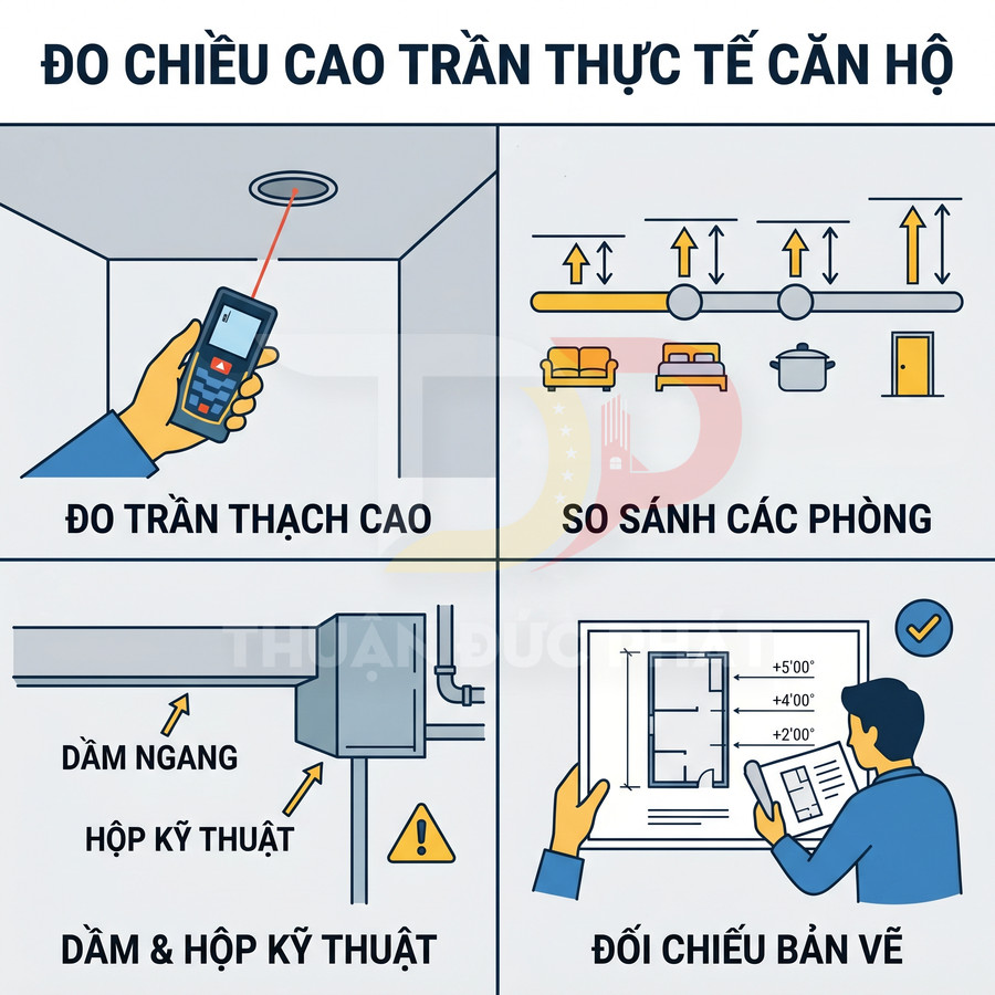 Hướng dẫn đo chiều cao trần căn hộ, so sánh các phòng, kiểm tra dầm hộp kỹ thuật và đối chiếu bản vẽ xây dựng