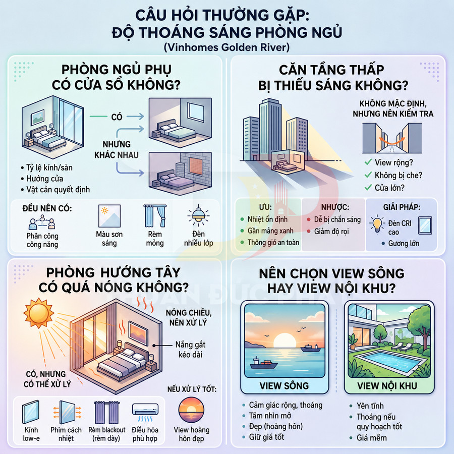 Infographic Vinhomes Golden River giải đáp thắc mắc về độ thoáng sáng phòng ngủ và lựa chọn view căn hộ