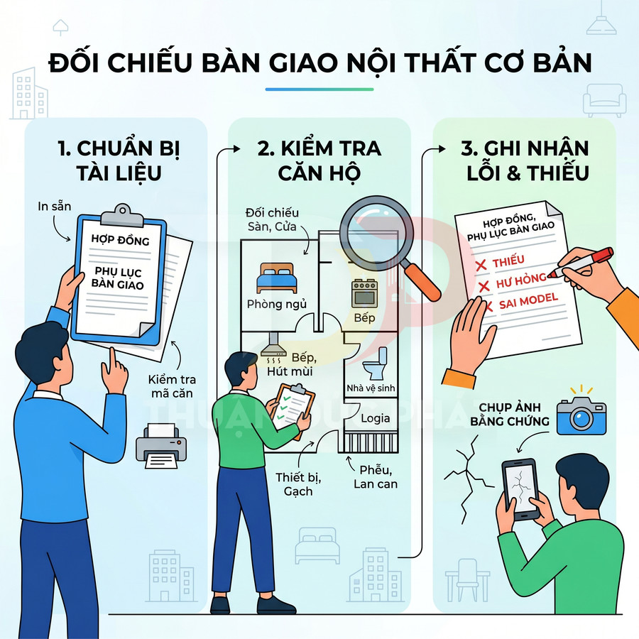 Quy trình đối chiếu bàn giao nội thất căn hộ cơ bản với kiểm tra tài liệu, kiểm tra phòng và ghi nhận lỗi thiếu