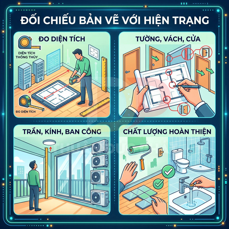 Minh họa các bước kiểm tra căn hộ theo bản vẽ gồm đo diện tích, tường cửa, trần kính ban công và chất lượng hoàn thiện