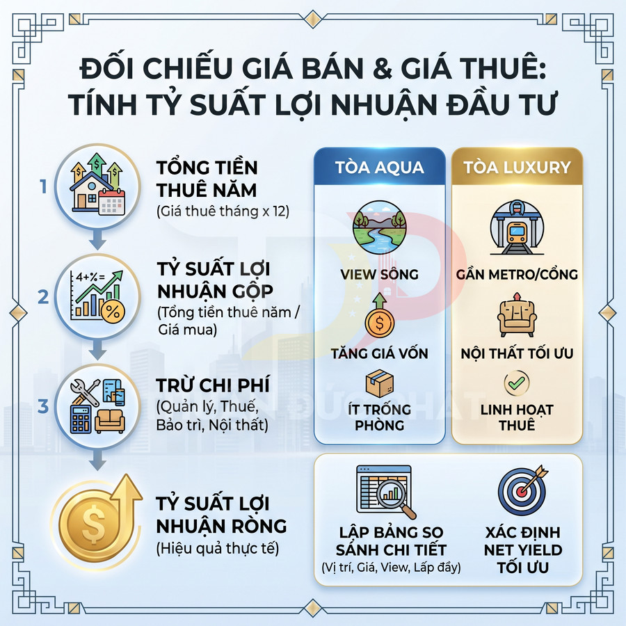 Infographic hướng dẫn tính tỷ suất lợi nhuận đầu tư căn hộ cho thuê, so sánh tòa Aqua và tòa Luxury