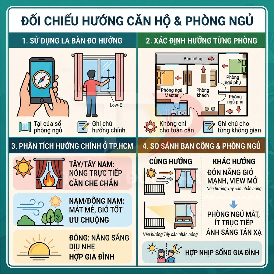 Infographic hướng dẫn chọn hướng căn hộ và phòng ngủ, so sánh ban công, phân tích ưu nhược điểm các hướng nhà
