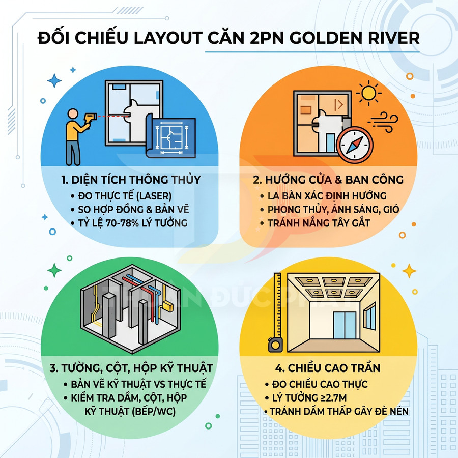 Infographic đối chiếu layout căn hộ 2 phòng ngủ Golden River với 4 tiêu chí thiết kế và kiểm tra kỹ thuật