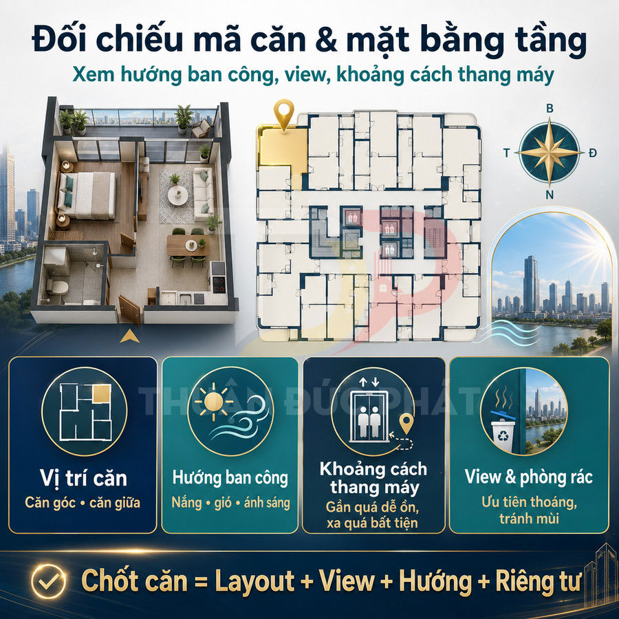 Mặt bằng căn hộ chung cư với phối cảnh 3D, sơ đồ tầng và các tiêu chí chọn vị trí, hướng ban công, view, khoảng cách thang máy