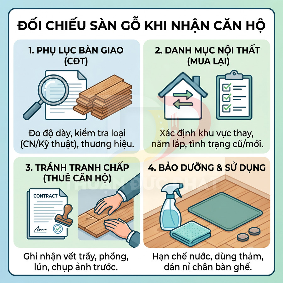 Hướng dẫn kiểm tra và bảo dưỡng sàn gỗ khi nhận căn hộ với minh họa từng bước chi tiết