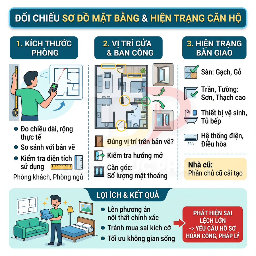 Infographic hướng dẫn đối chiếu sơ đồ mặt bằng với hiện trạng căn hộ để kiểm tra kích thước, cửa, ban công và hạng mục bàn giao