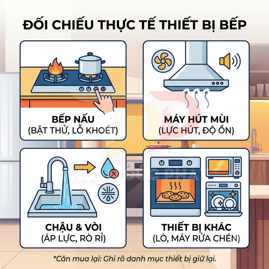 Minh họa các thiết bị bếp gồm bếp nấu, máy hút mùi, chậu vòi rửa, lò nướng và máy rửa chén trong căn bếp hiện đại