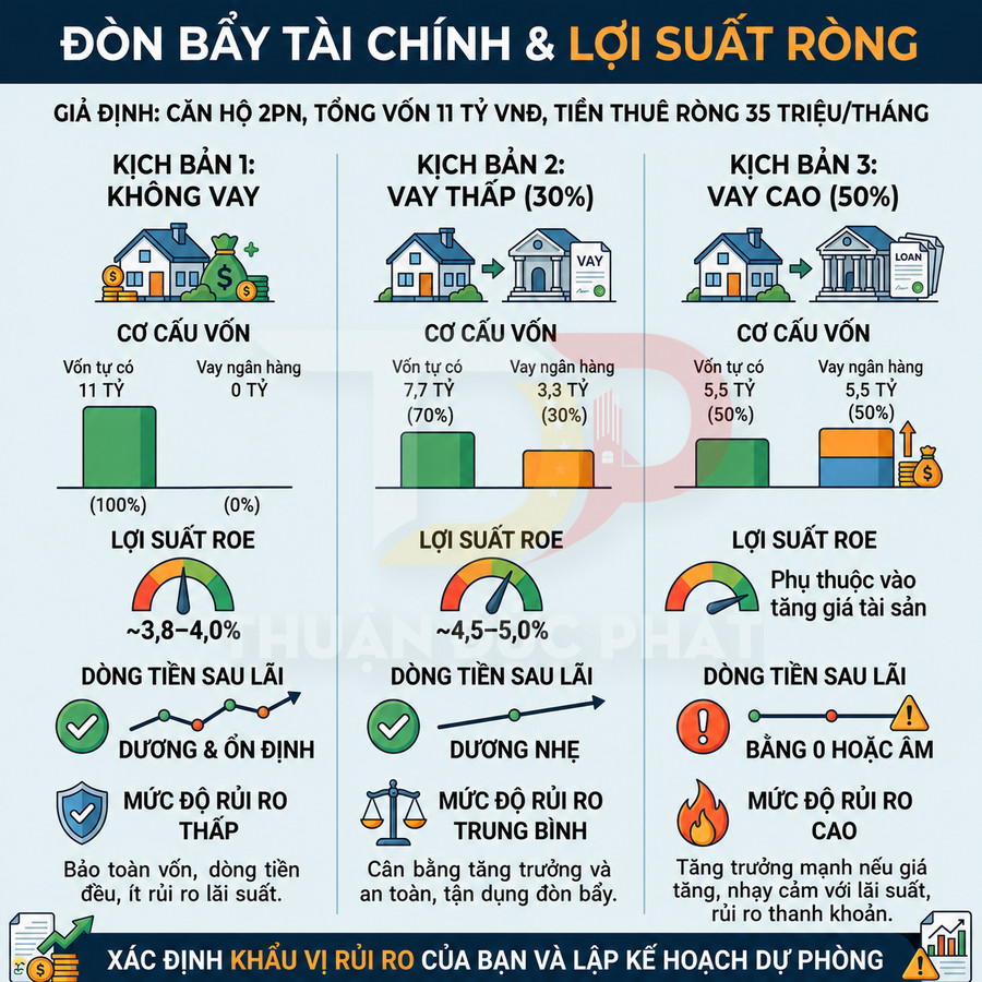 Infographic so sánh đòn bẩy tài chính và lợi suất ròng khi đầu tư căn hộ 2 phòng ngủ với ba kịch bản vay vốn