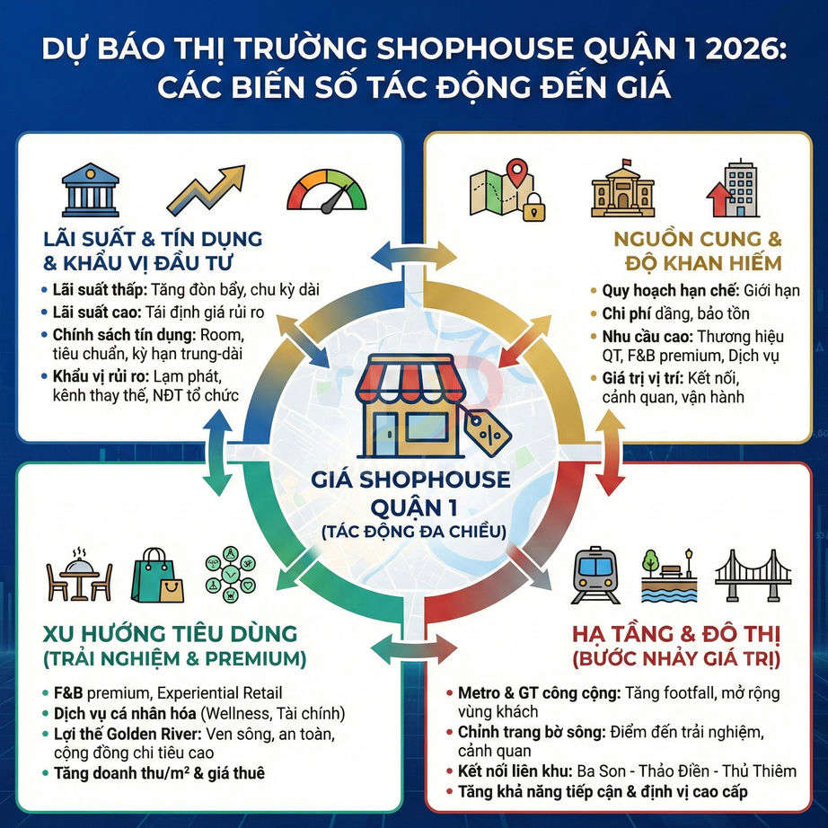 Infographic dự báo thị trường shophouse Quận 1 năm 2026 và các yếu tố tác động đến giá