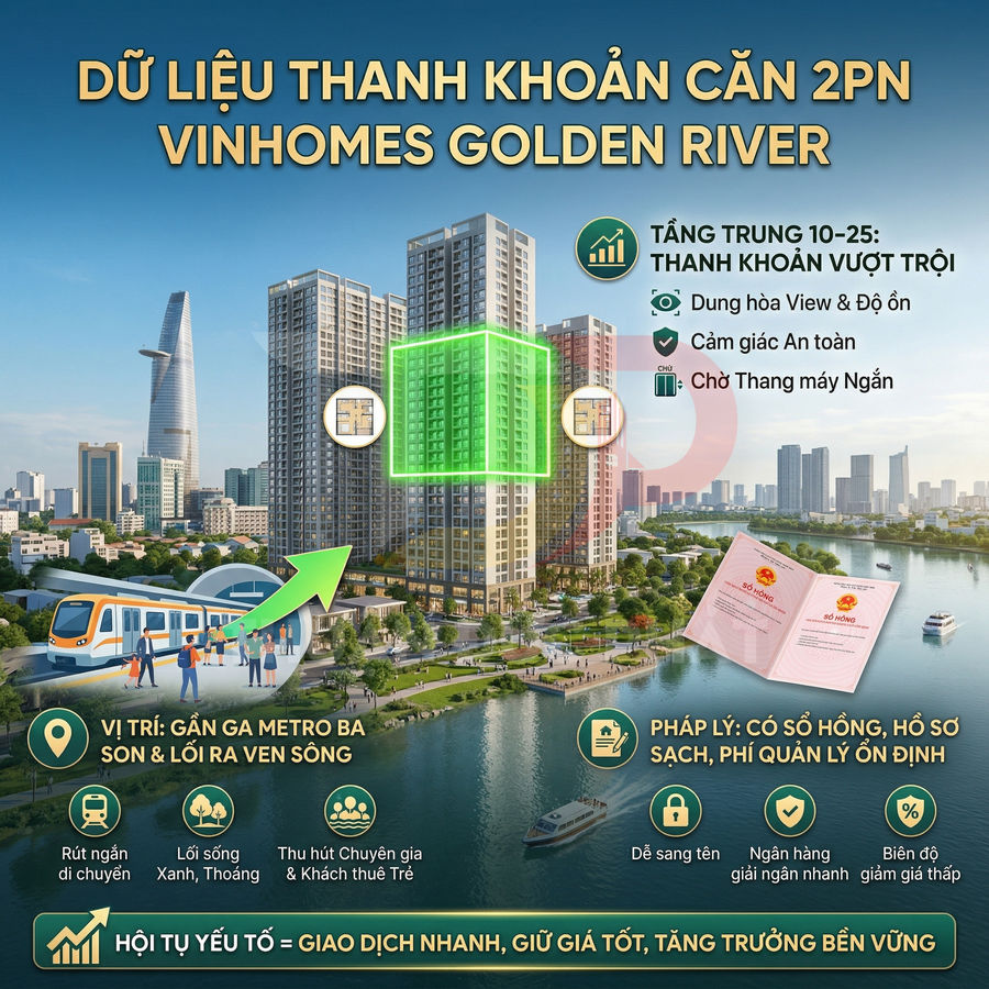 Quảng cáo căn hộ 2 phòng ngủ Vinhomes Golden River bên sông, gần ga metro Ba Son, pháp lý sổ hồng đầy đủ
