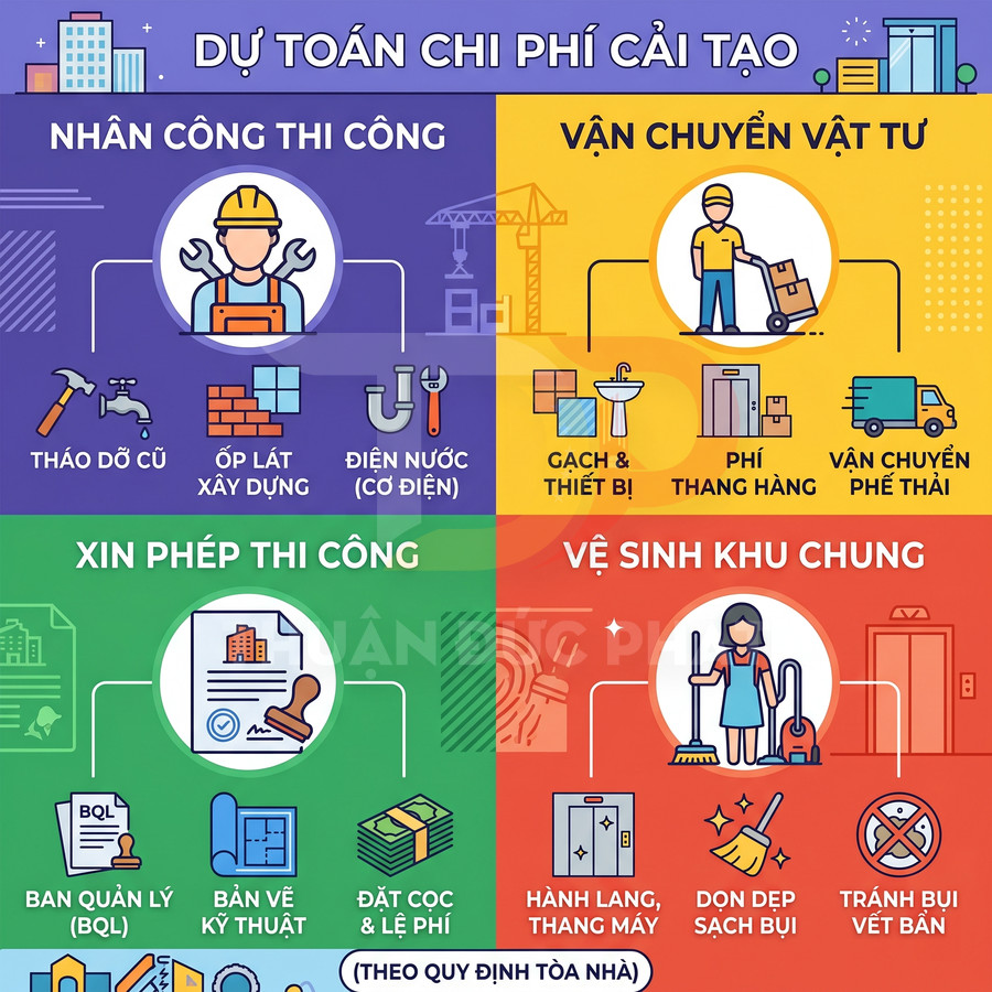 Infographic dự toán chi phí cải tạo nhà gồm nhân công, vận chuyển vật tư, xin phép thi công và vệ sinh khu chung