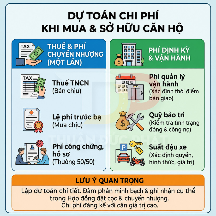 Infographic dự toán chi phí thuế phí chuyển nhượng và phí định kỳ khi mua sở hữu căn hộ